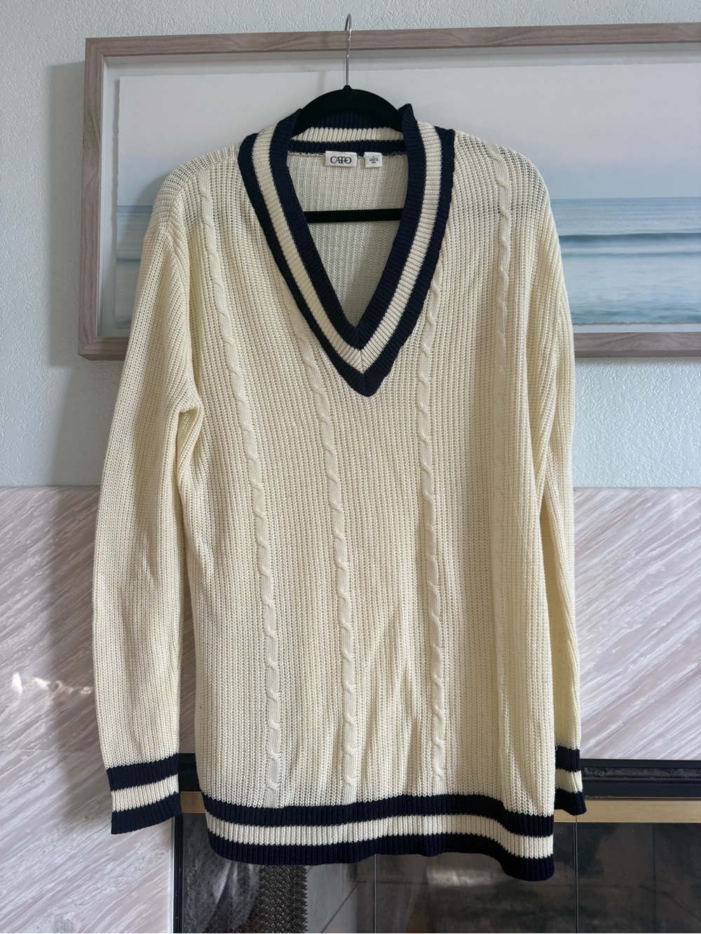 Vintage old money style tennis Cream V-Neck Cable Knit Sweater with Navy Trim